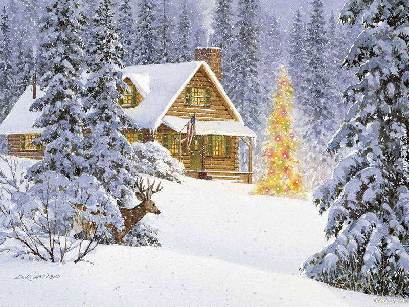 3d and abstract, 1080P, cabin, pines, lights, deep, deer, snow, winter, christmas tree