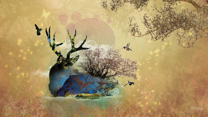 nature, abstract, 1080P, deer, trees, black, collage, hummingbirds, myth, fall, 3d and abstract, autumn, illustration, leaves, natural, reindeer, birds