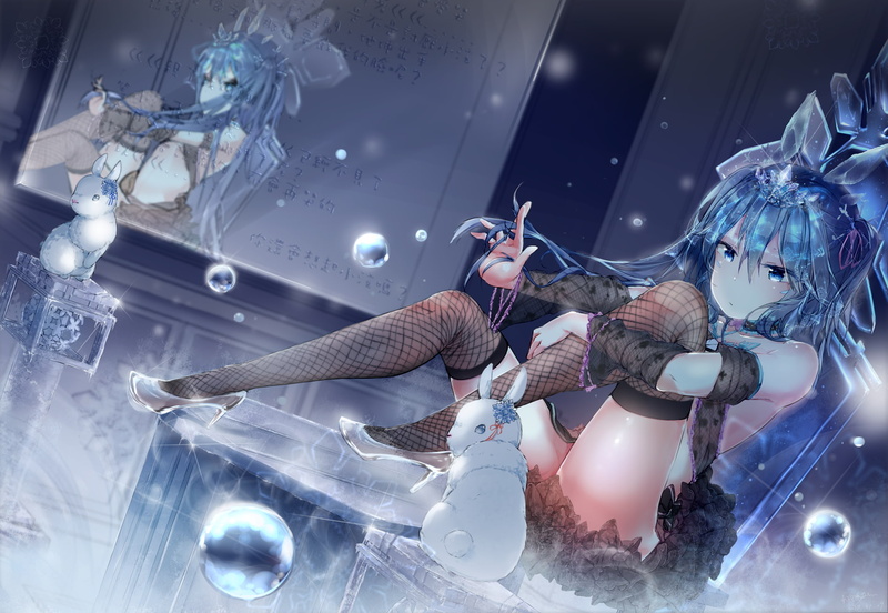 720P, young women, illuminated, rabbits, thigh-highs, holding, low angle view, indoors, nature, women, digital composite, reflection, futuristic, real people