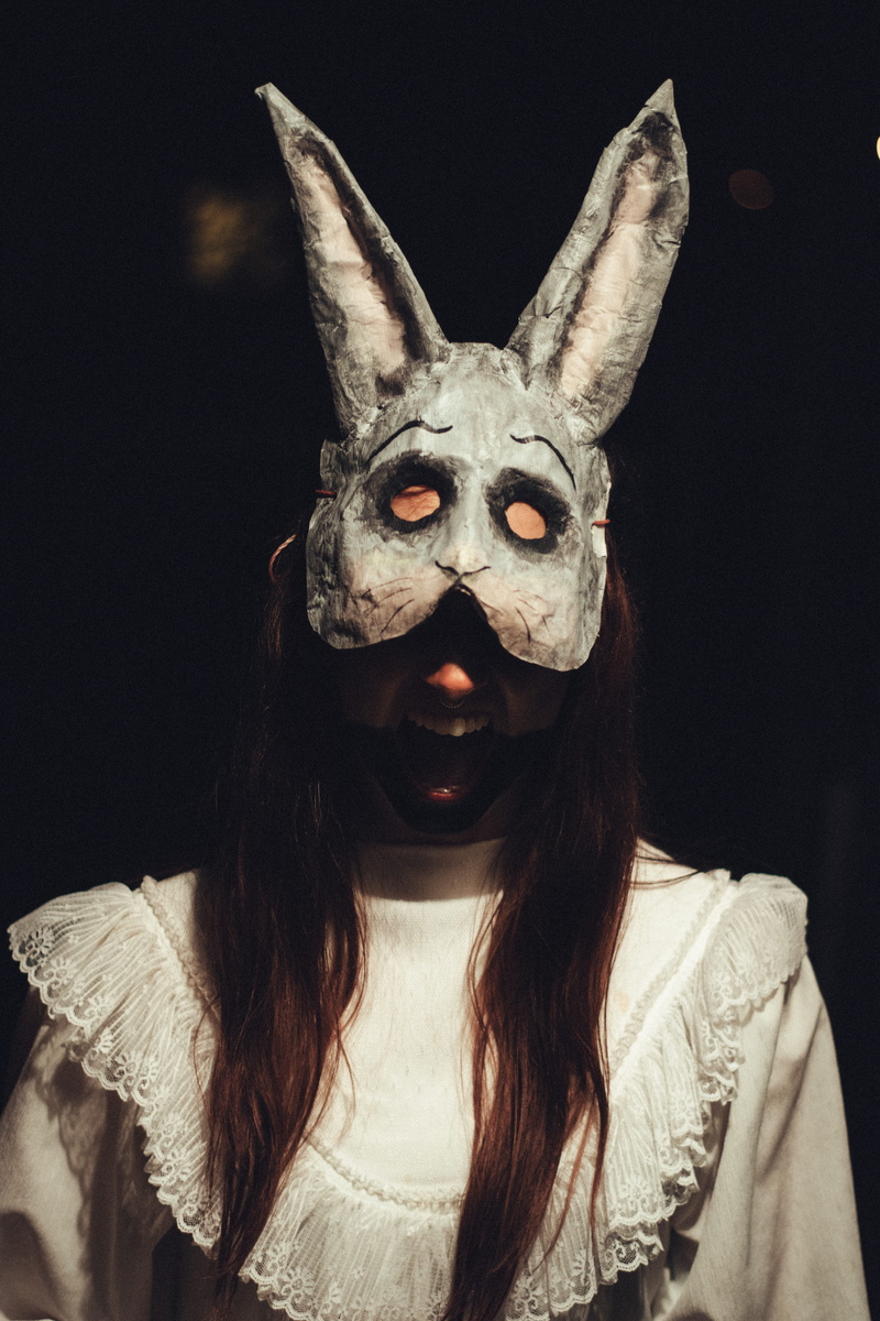 real people, mammal, halloween, mask - disguise, spooky, animal imitation, disguise, rabbit, evil, leisure activity, looking at camera, mask, indoors, wearing
