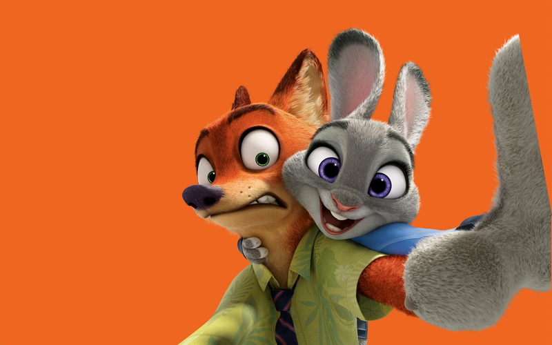 Judy, costume, orange background, studio shot, Wilde, Nick, holding, mammal, toy, cute, close-up, colored background, indoors, Hopps, 2K, orange color