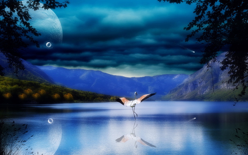 Cloudy, Planets, Landscape, 1080P, Lake, Art, Mountains, Sky, Stork, Trees, Creative