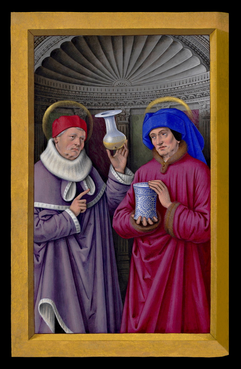 renaissance style, child, men, sister, human representation, saints, faux gilt frame, cosmas, front view, portrait, traditional clothing, girls, paint