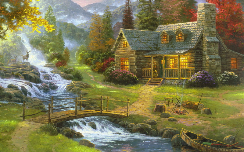bridge, Canoes, waterfall, Cottage, 2K, Thomas Kinkade, Deer, building