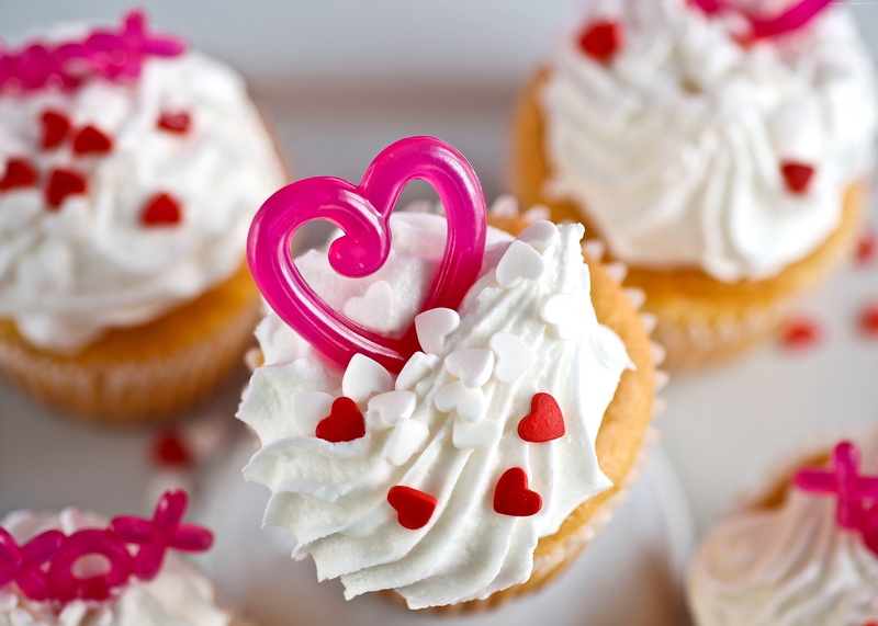 cream, Cupcake, cake, glaze, pink, 4K, hearts