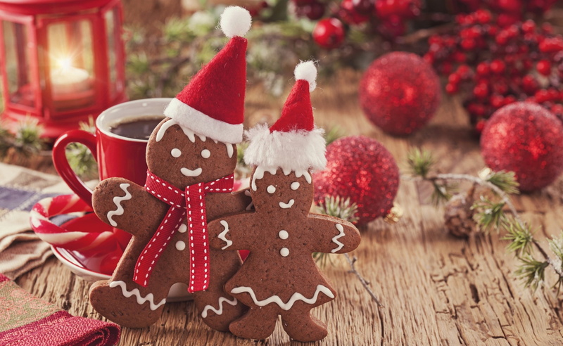holiday, plant, cookie, wood - material, figurines, Gingerbread, decoration, christmas tree, Christmas, focus on foreground, Sweet, two, gift, red, christmas decoration