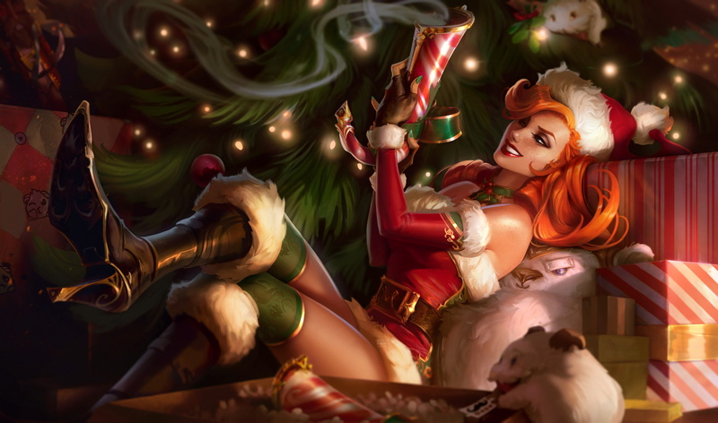 Boots, Redhead, LoL, Gun, Tree, Art, Splash, 4K, Poro, League Of Legends, Hat, Gifts, Candy Cane, Miss Fortune, Artwork