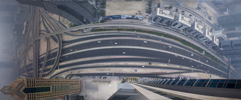 building exterior, no people, traffic, day, metal, Dubai, road, transportation, built structure, bridge, city, bridge - man made structure, modern, office building exterior