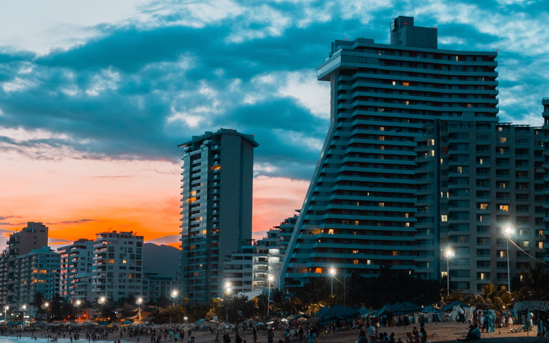 crowd, dawn, sunset, skyscraper, 5K, ocean, mexico, cityscape, modern, building, cloud - sky, clouds, sea, nature, paradise, hotel, summer, illuminated