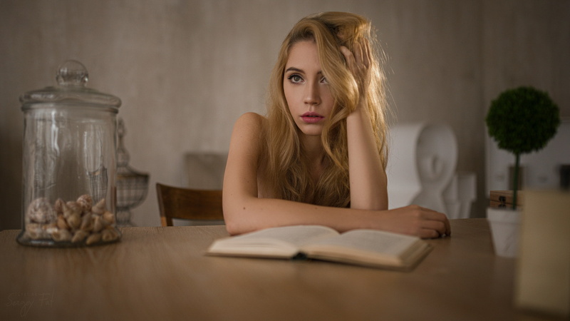 blonde, women, young women, indoors, lifestyles, table, publication, beauty, studying, one person, hair, long hair, hairstyle, contemplation, portrait