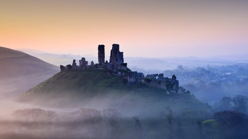 Corfe castle, fog, England, hills, Dorset, mountains, 1080P