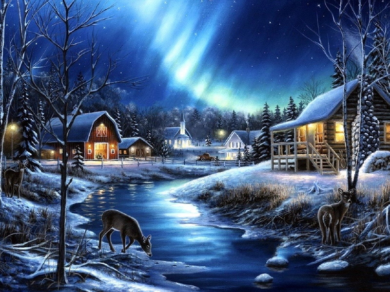 Winter, Barn, 720P, Deer, Building, Artistic, Painting