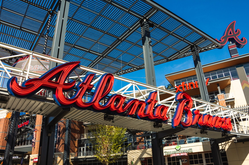 ceiling, sky, no people, neon, low angle view, built structure, communication, amusement park, building exterior, atlanta, arts culture and entertainment
