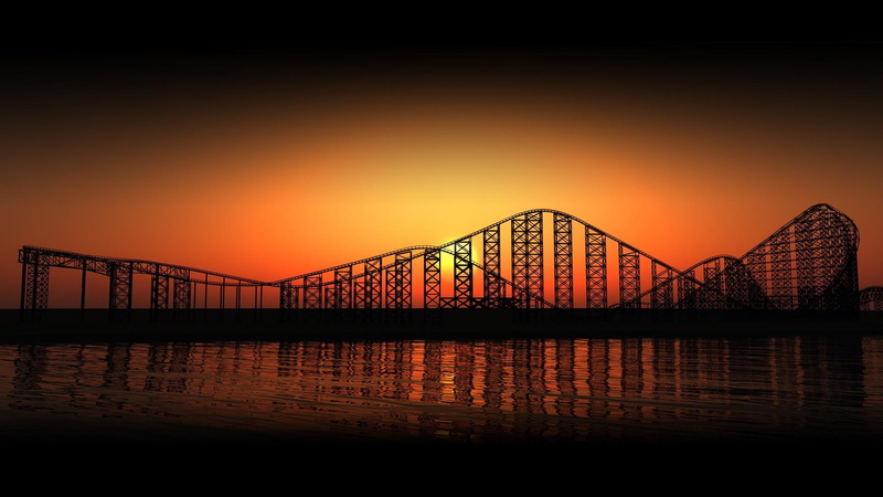 coaster, silhou, rollercoaster, 1080P, black, sunset, entertainment, yellow, nature, evening, photography, ride