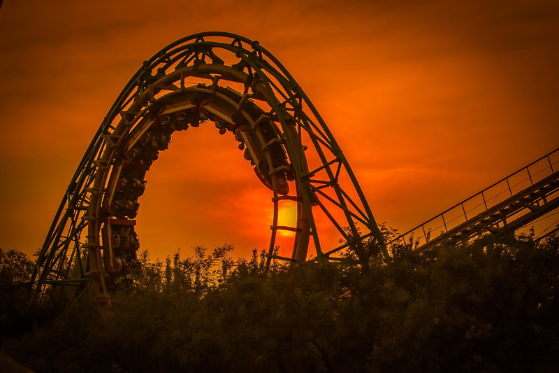tree, built structure, dusk, construction Industry, amusement park, outdoors, engineering, rollercoaster, black Color, cloud - sky, silhouette, amusement park ride