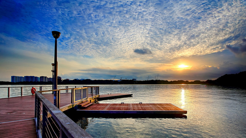 harbor, barrier, shoreline, nautical vessel, wood - material, lake, sky, device, sunset, structure, clouds, transportation, tranquility, horizon, bay, support