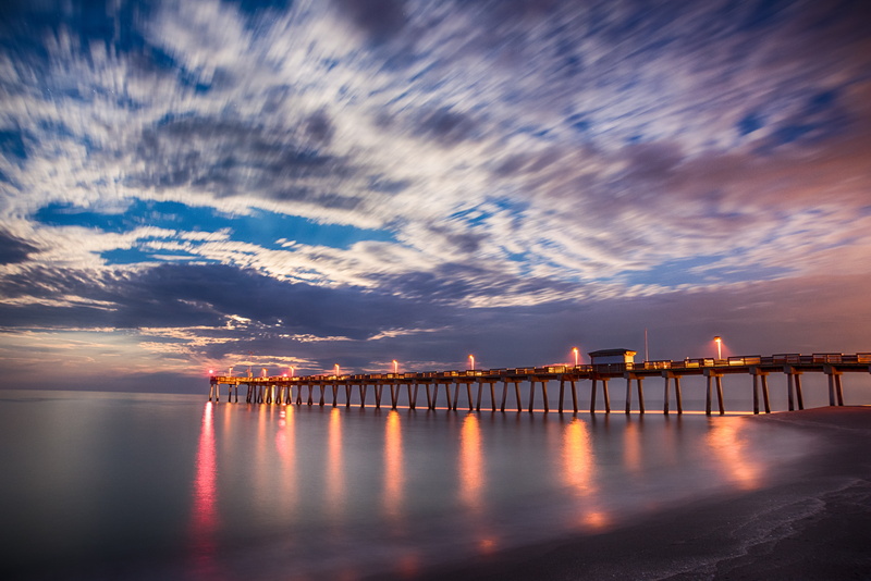 Water, pier, white clouds, nature, dusk, Venice, daytime, 5K, night, Outdoors, Fishing Pier, lights, Florida, sunset, blue sky, sky, blue, turned on, on on