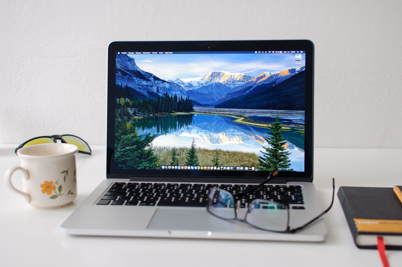 Macbook Pro, laptop, mug, keyboard, turned, indoors, macbook, communication, technology, computer network, furniture, computer keyboard, turned on, desktop