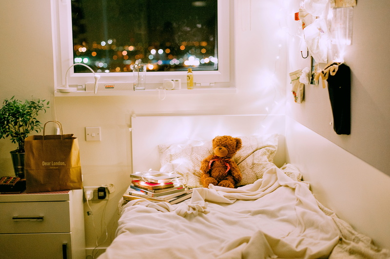 domestic room, glass, bokeh, plant, stuffed toy, window, bed, home interior, comforter, flower, books, white, side table, bear, decoration, brown, contemporary
