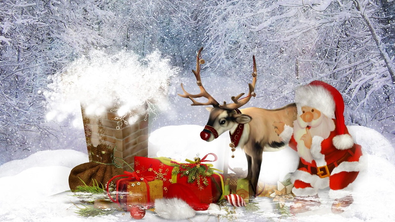 christmas, st nick, santa claus, chimney, reindeer, trees, presents, santa, saint nicholas, 1080P, snowing, gifts