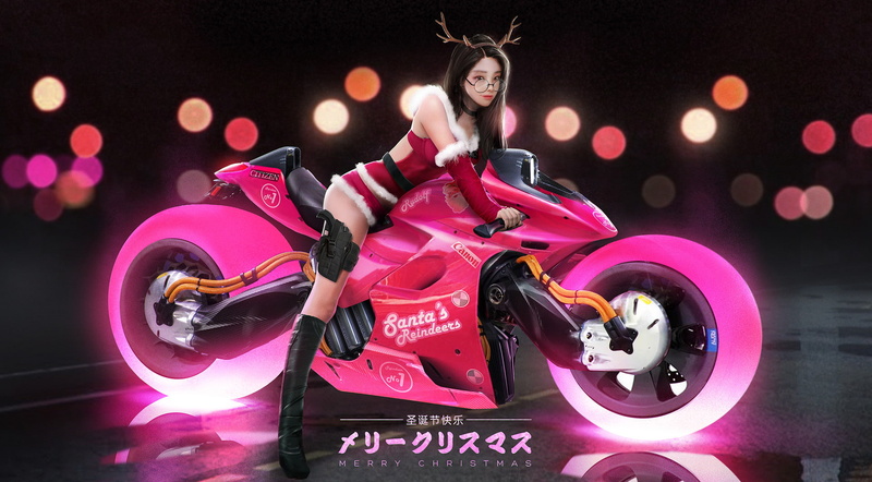 Santa costume, motorcycle, round glasses, women with motorcycles, christmas lights, long hair, choker, reindeer, Canon, looking at viewer, lights, BMW