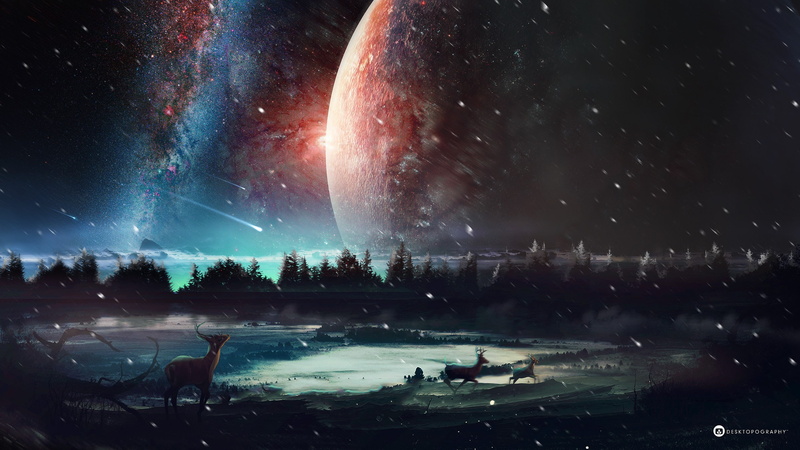 snow, Desktopography, stars, sky, elk, forest, fantasy art, deer, planet, 2K, horns, space, artwork, digital art