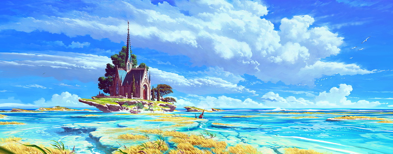 sea side, digital art, clouds, Lorenzo Lanfranconi, 4K, artwork, church, Gothic, fishing