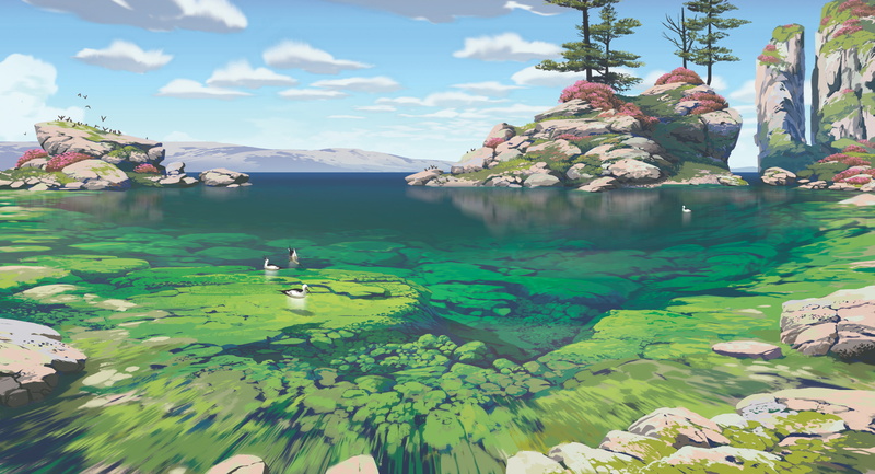 rocks, artwork, trees, Lorenzo Lanfranconi, birds, digital art, clouds, island, clear water, 2K, sky