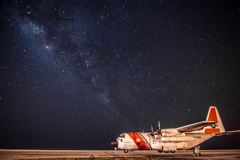 the sky, night, The United States coast guard, C-130 Hercules, stars, military transport aircraft, Lockheed, 2K, the airfield