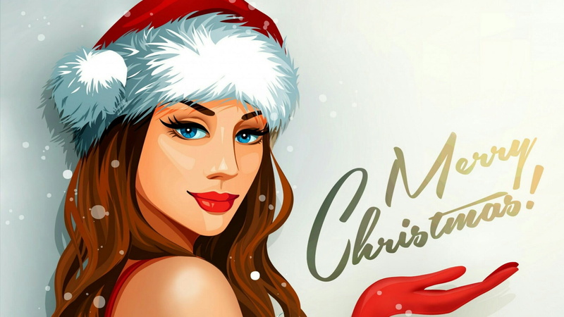 girl, adult, fashion, santa claus, graphics, beauty, hairstyle, brown hair, women, looking at camera, young adult, headshot, beautiful woman, smile, art