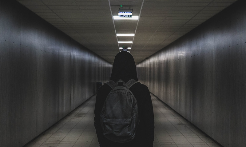 lifestyles, indoors, 5K, person, real people, casual clothing, rear view, architecture, one person, lighting equipment, backwards, facing, direction, tunnel