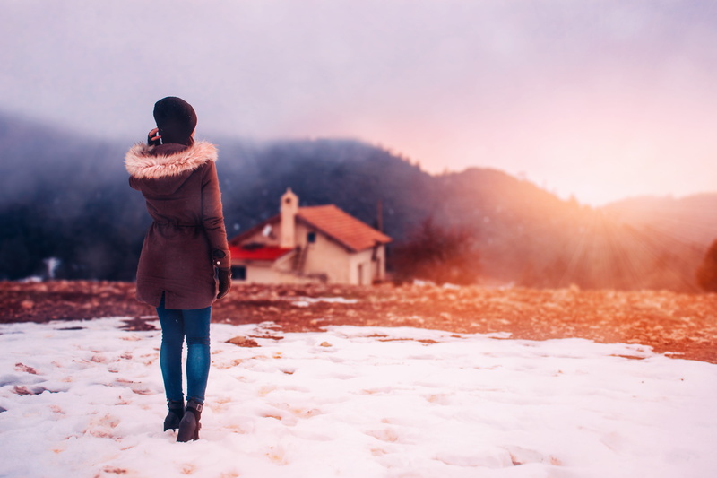 front, nature, 5K, architecture, adult, woman, land, standing, real people, fog, sunset, house, leisure activity, mountain, parka, snow, rule, clothing