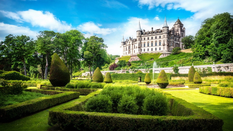 garden, sutherland, united kingdom, dunrobin castle, plant, grass, castle, chateau, europe, landscape, sky, hedge, built structure, history, green, 1080P