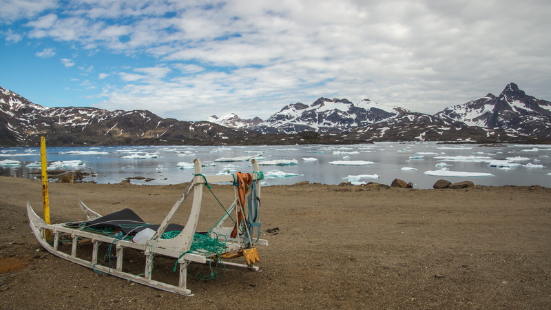 sledge, sea, polar, landscape, mountain range, vehicle, cold temperature, beside, winter, land, greenland, mountain, arctic, nature, snow, soil, summer
