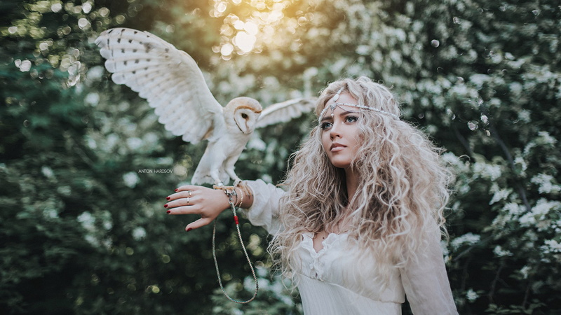 2K, Lera Polovynchyk, owl, Anton Kharisov, the barn owl, curls, girl, bird, hair