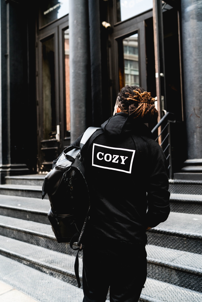lifestyles, back pack, urban, dread locks, text, women, staircase, hairstyle, fashion, beside, 8K, government, wearing, teamcozy, me, street, jacket, real people