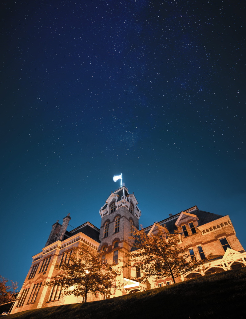 built structure, blue, space, united states, stars, architecture, place of worship, milky way, low angle view, houghton county courthouse historical marker
