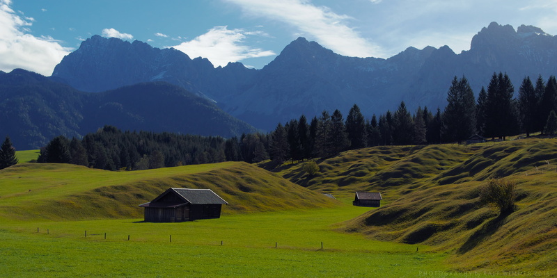 25mm, mountain, Panorama, nature, outdoors, meadow, european Alps, covered, two, scenics, grass, landscape, Werdenfelser Land, 4K, Wald, Lumix GX7, barns