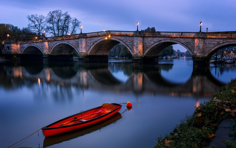 England, Richmond bridge, London, night, 1080P, boat, arch