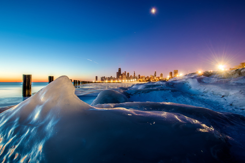 Moon, ice, winter, photo, snowfield, Cityscape, blue, Morning Coffee, sky, near, skyline, blue sky, Nikon  D800, snow, blue  hour, HDR, 1080P, city, Chicago