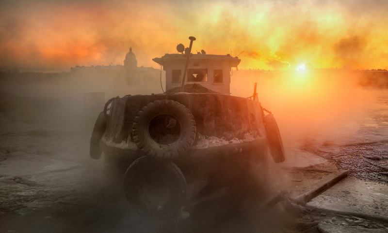 road, sea, day, icebreakers, 1080P, nature, sky, dust, destruction, people, winter, land vehicle, motion, car, burning, driving, sunset, gray, mode of transportation