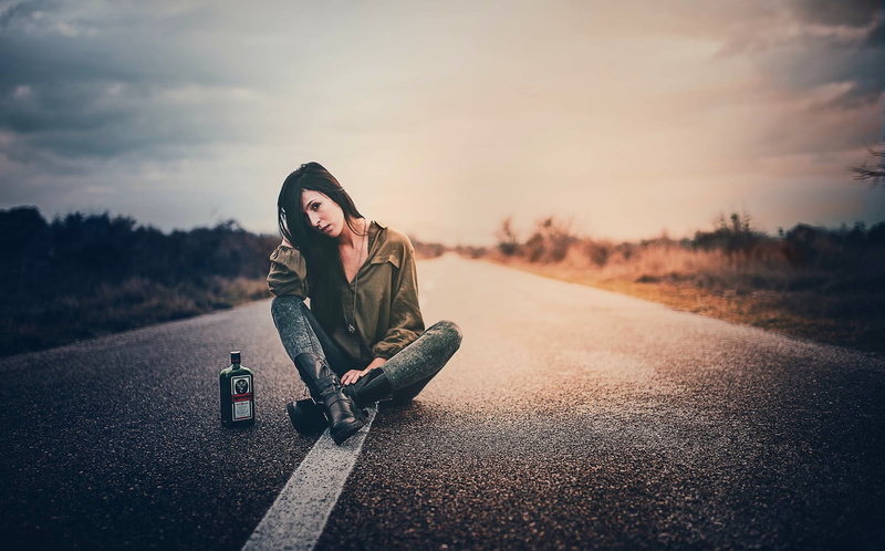 sitting, women, Jägermeister, road, alcohol, women outdoors, asphalt, sky, 1080P