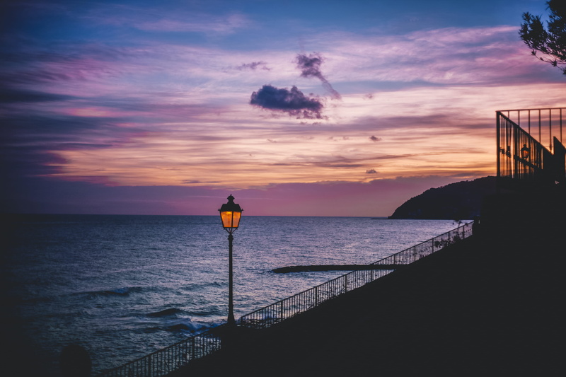 water, cloud - sky, sea, no people, outdoors, tranquility, liguria, sunrise, bay, seaside, cervo, tranquil scene, land, 4K, railing, sky, nature, horizon over water