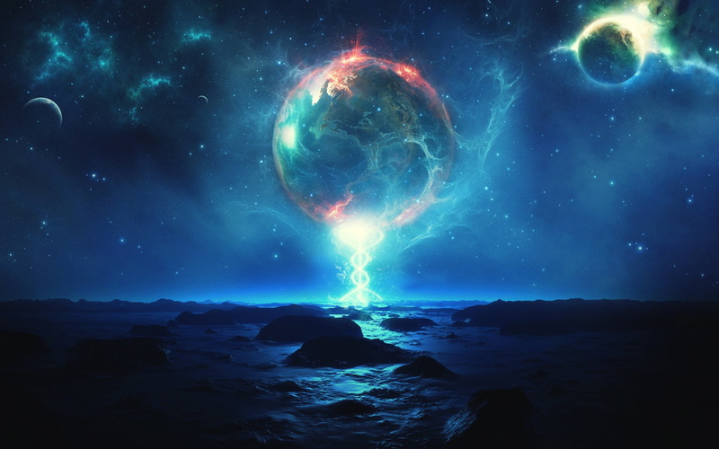 beautiful landscape, фантастический арт, a beam of light, planets, planet, another world, fantastic art, space, night, 1080P, ray of light, dom, reflections