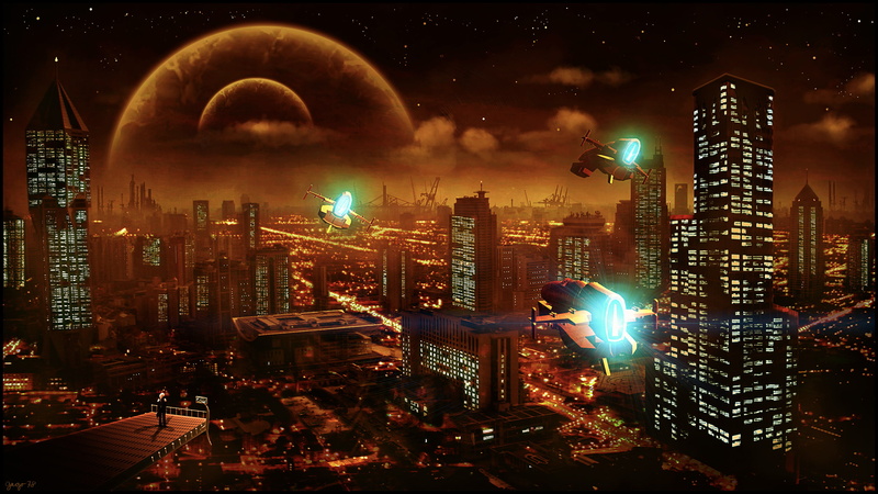sky, modern, skyscraper, planets, city, built structure, city life, Megapolis, no people, nature, houses, illuminated, travel destinations, digital composite