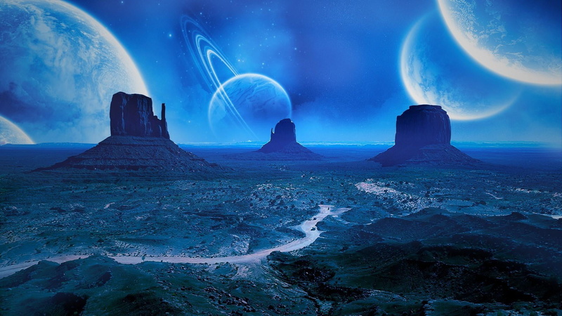три горы, the steppe, three mountains, space, stars, road, planet, night, 1080P, steppe, fantastic landscape, planets