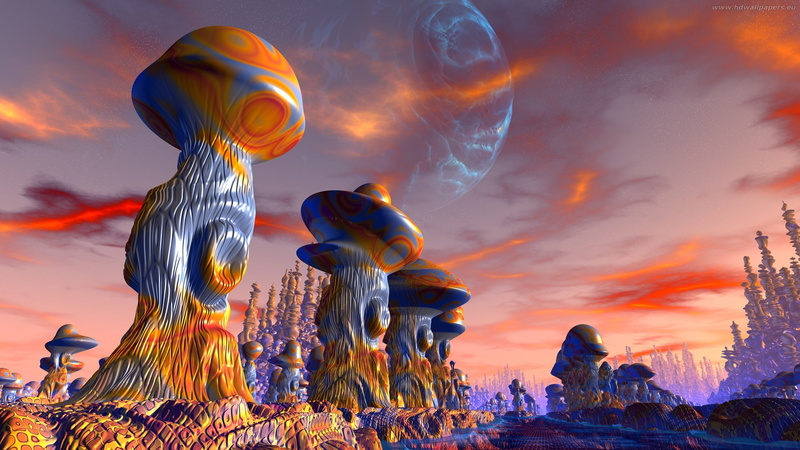 red clouds, 3D graphics, other worlds, road, fantastic art, 1080P, rocks, huge planet, mushrooms, фантастический арт