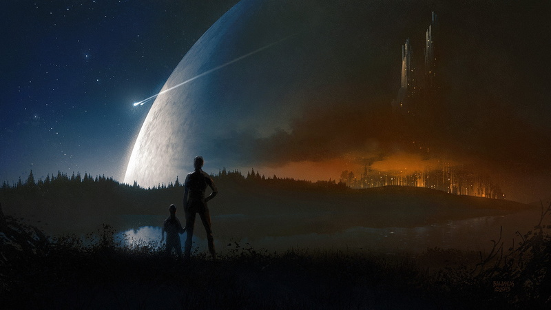 Fantastic, city, fi, fantasy, world, space, mood, Moon, stars, sci, 1080P, planet