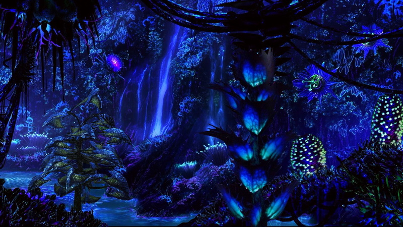 another planet, blue haze, фантастический арт, синяя дымка, beauty, unusual, waterfall, fantastic art, 1080P, trees, nature, flowers, river