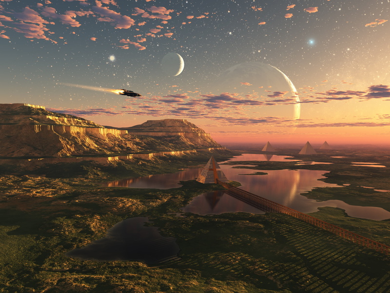 lakes, dom, flight, planet, other worlds, lake, future, planets, clouds, space, beauty, 2K, fantastic art, фантастический арт